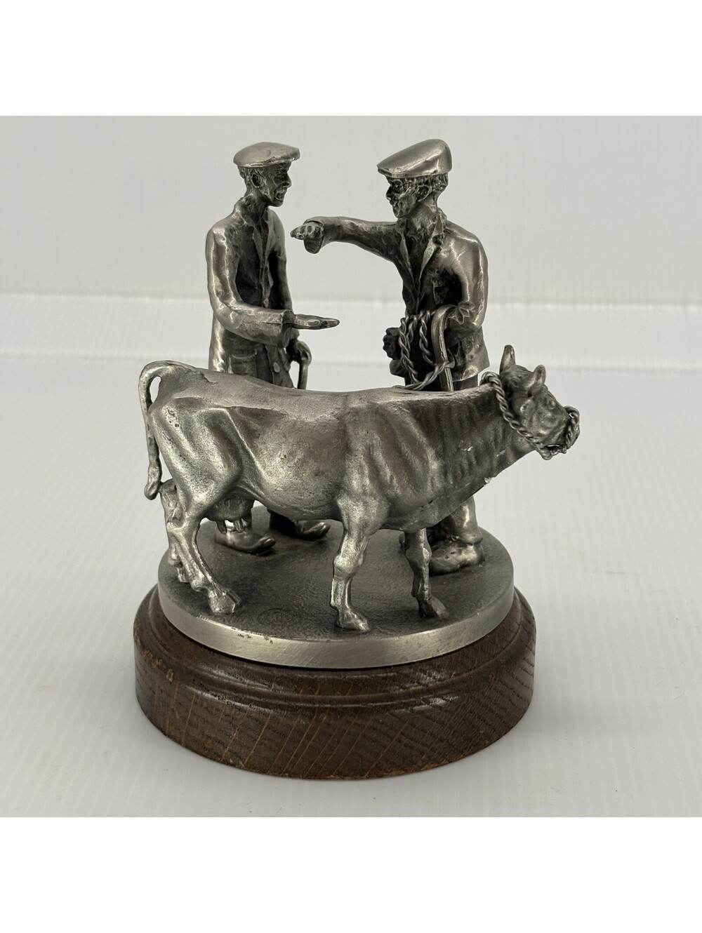 Tinn Étain Étain Pewter Norway Cattle Farmers Figurine Sculpture Wood Base